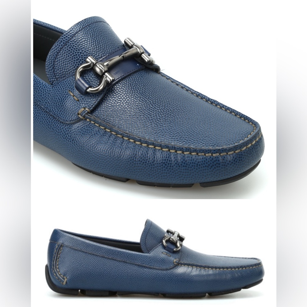 Salvatore Ferragamo Parigi‎ Gancini Blue Pebble Calf Loafer Moccasin 8 EE | $795